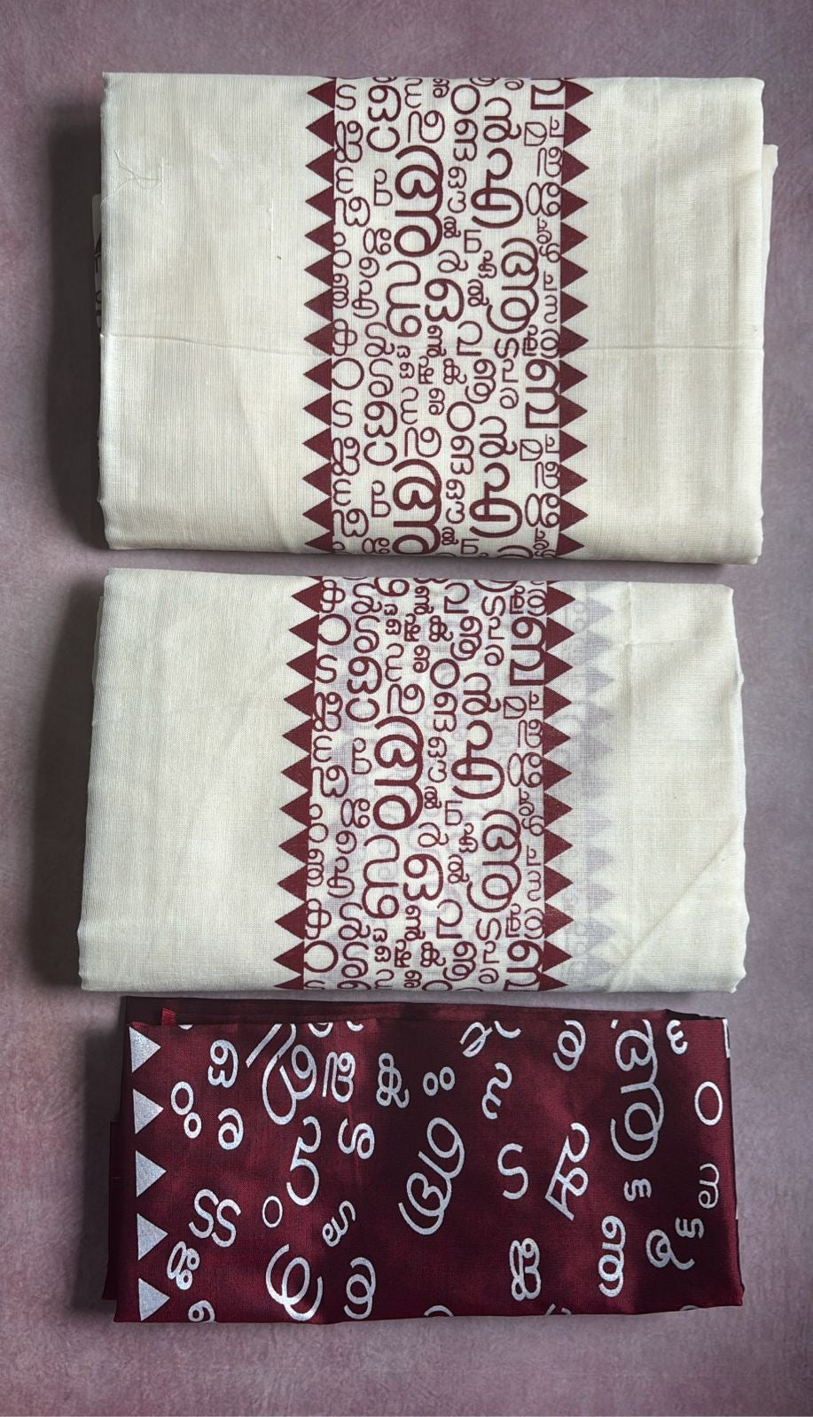Aksharamala printed Set Mundu with blouse maroon