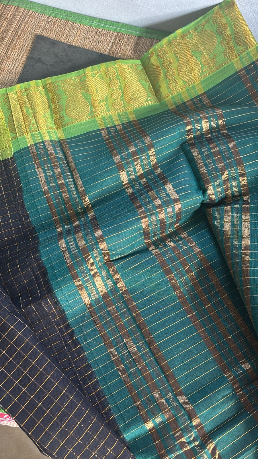 Sungudi zari check cotton sarees without blouse black n green