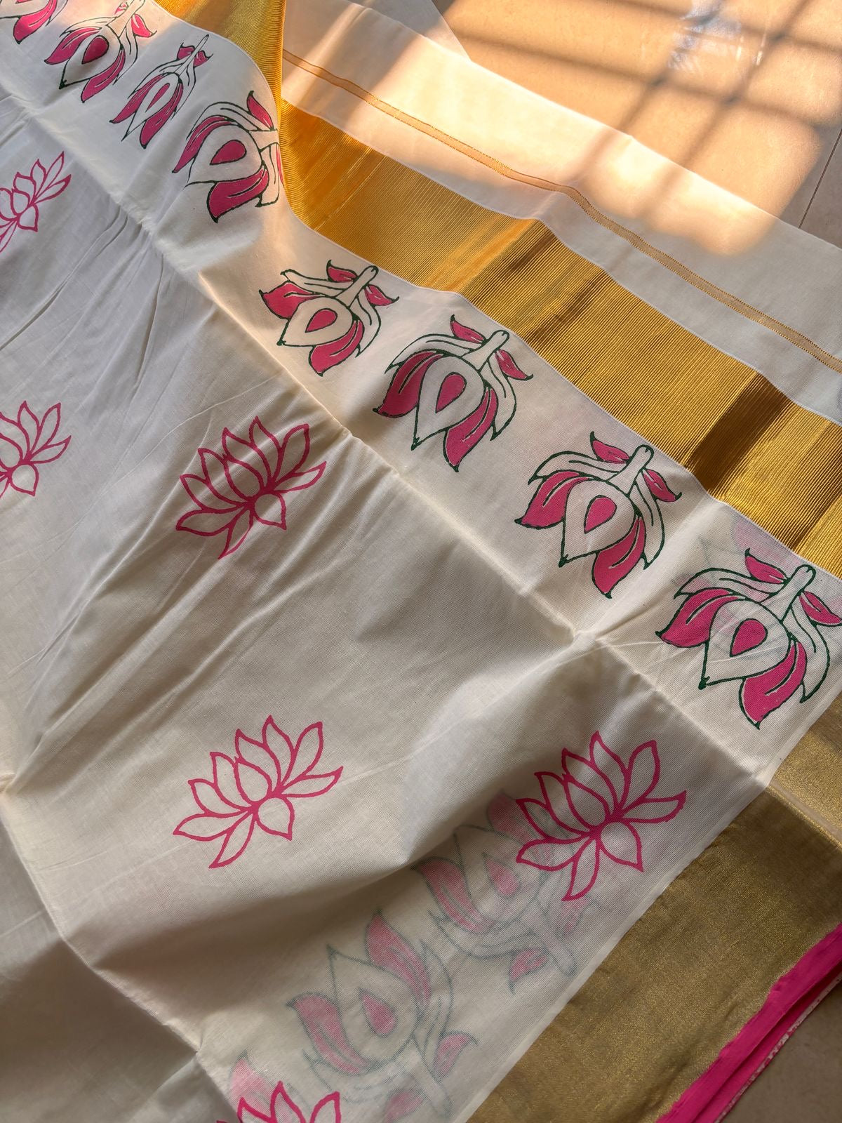 Sarvani Premium Hand block printed , hand painted pure cotton Kerala set saree in pink lotus theme SAR03