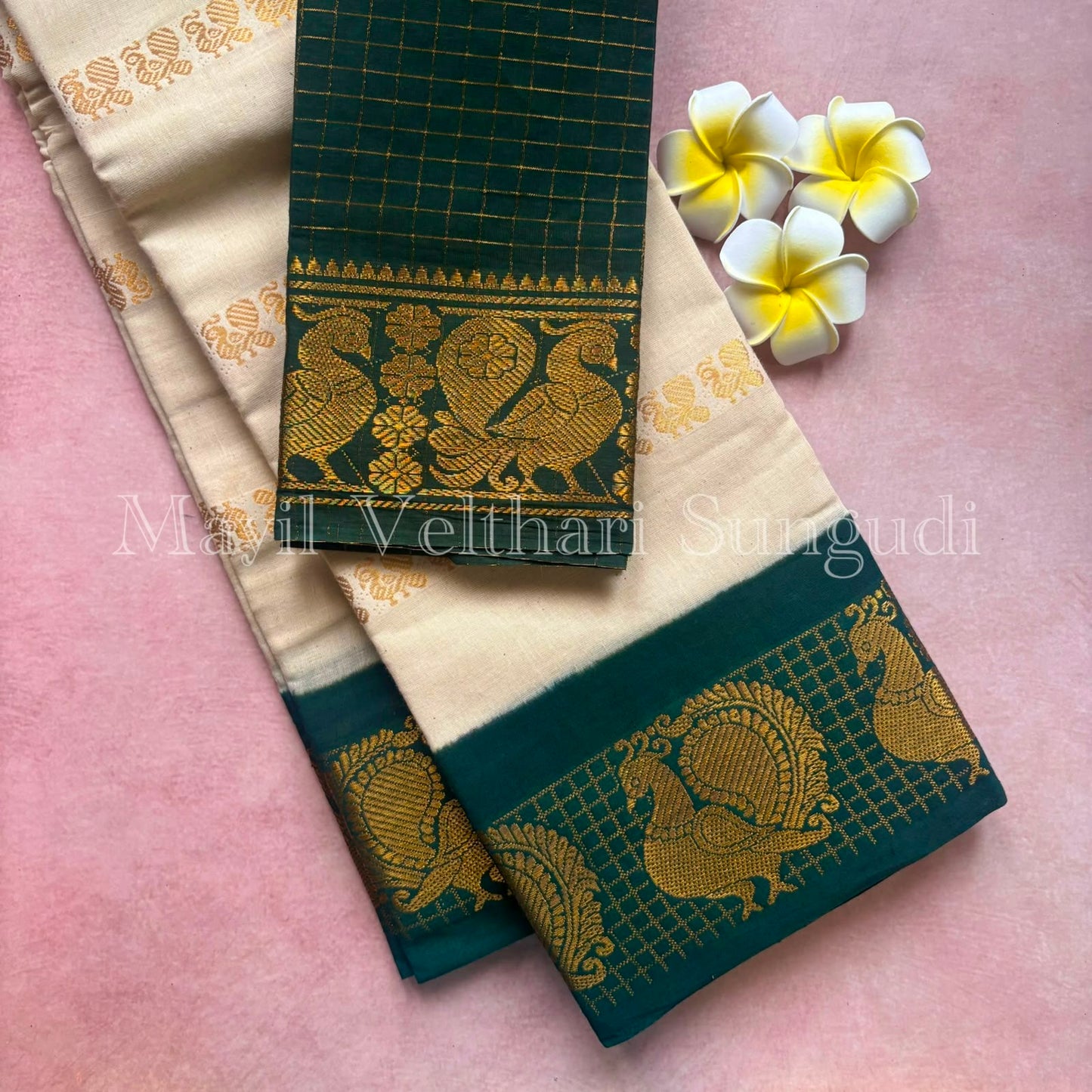Festive Green off white combo peacock velthari Sungudi handloom cotton Saree