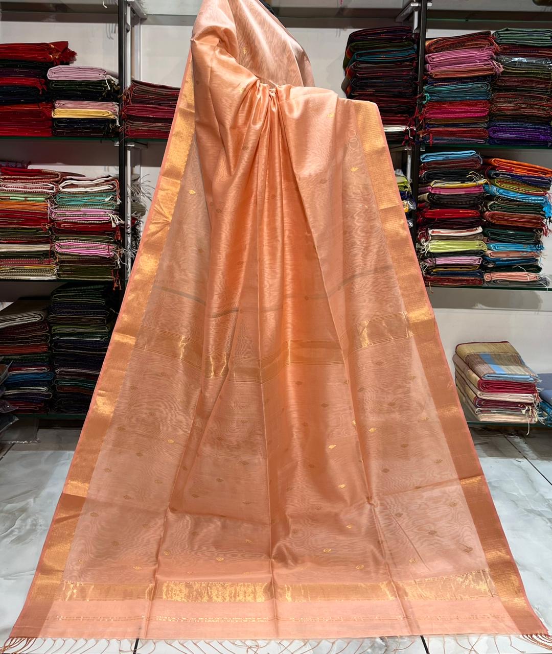 Festive peach Maheshwari handloom silk cotton Saree