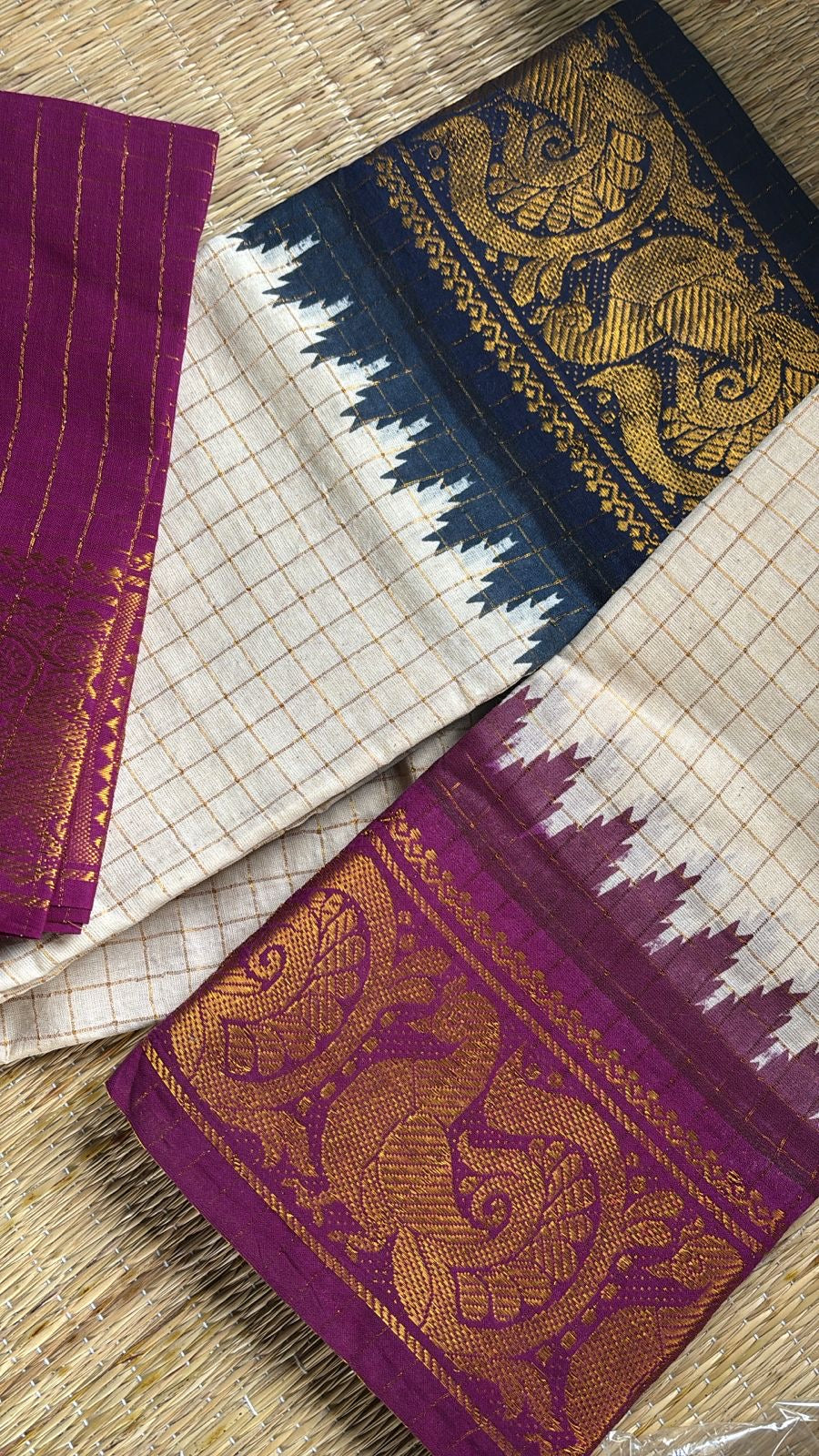 Tarangini Ganga Jamuna Sungudi cotton saree in beige shade blue and majenta temple border