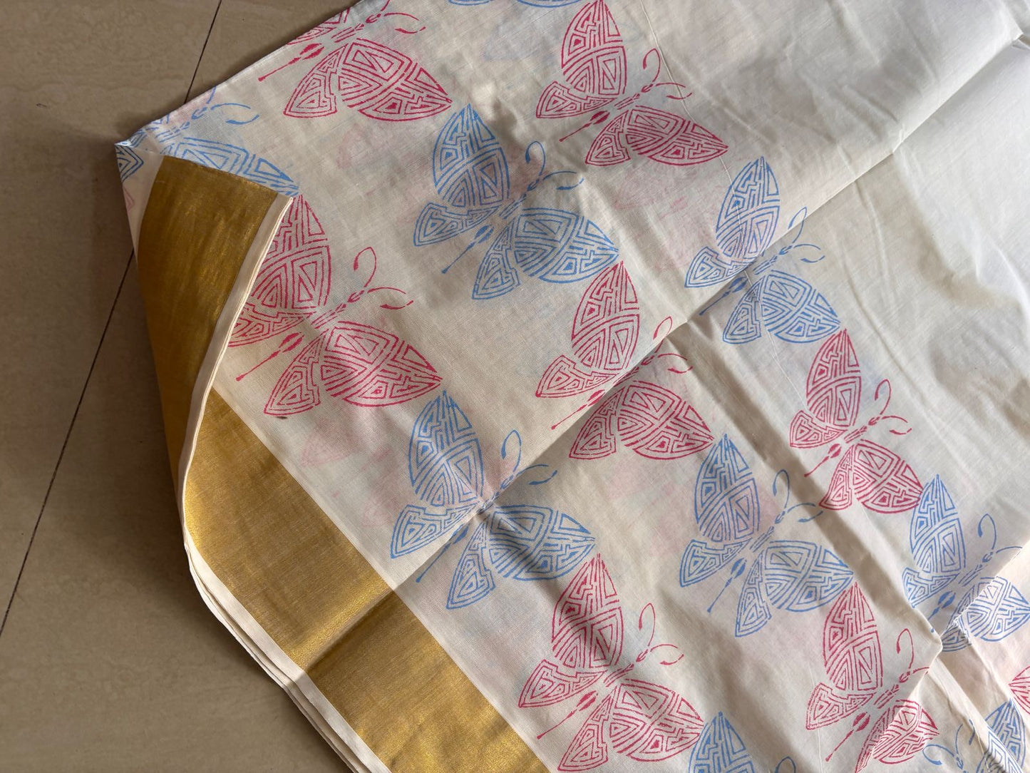 Sarvani Premium Cotton Butterfly theme Handblock printed Kerala Set Saree with golden Kara SAR04