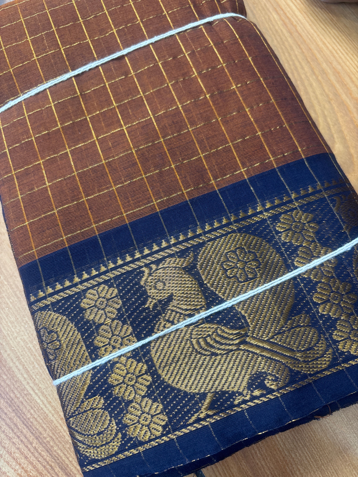 Copper zari check peacock border Sungudi Cotton Saree SNS54