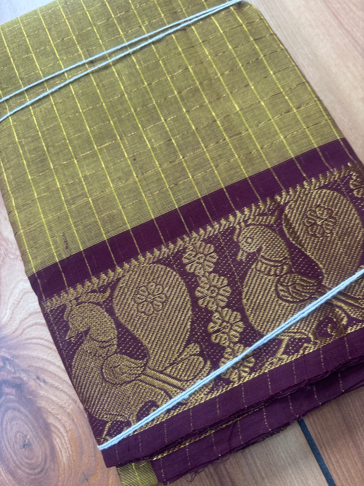 Mustard green maroon Sungudi cotton Saree with peacock border SNS55