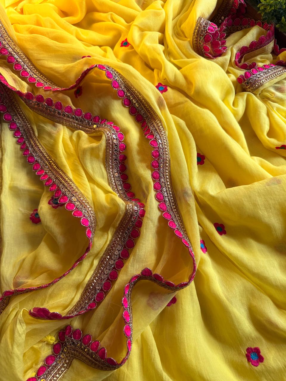 Viharika Embroidery Lace Sarees : Haldi Yellow