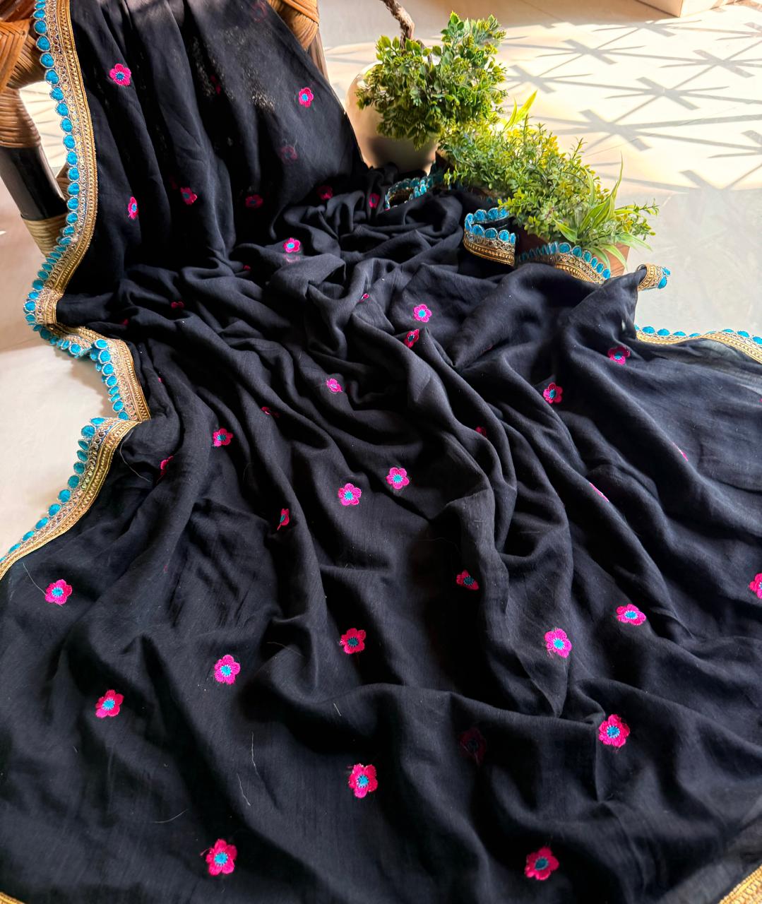 Viharika(विहारिका) Embroidery Lace Sarees : Black & Blue