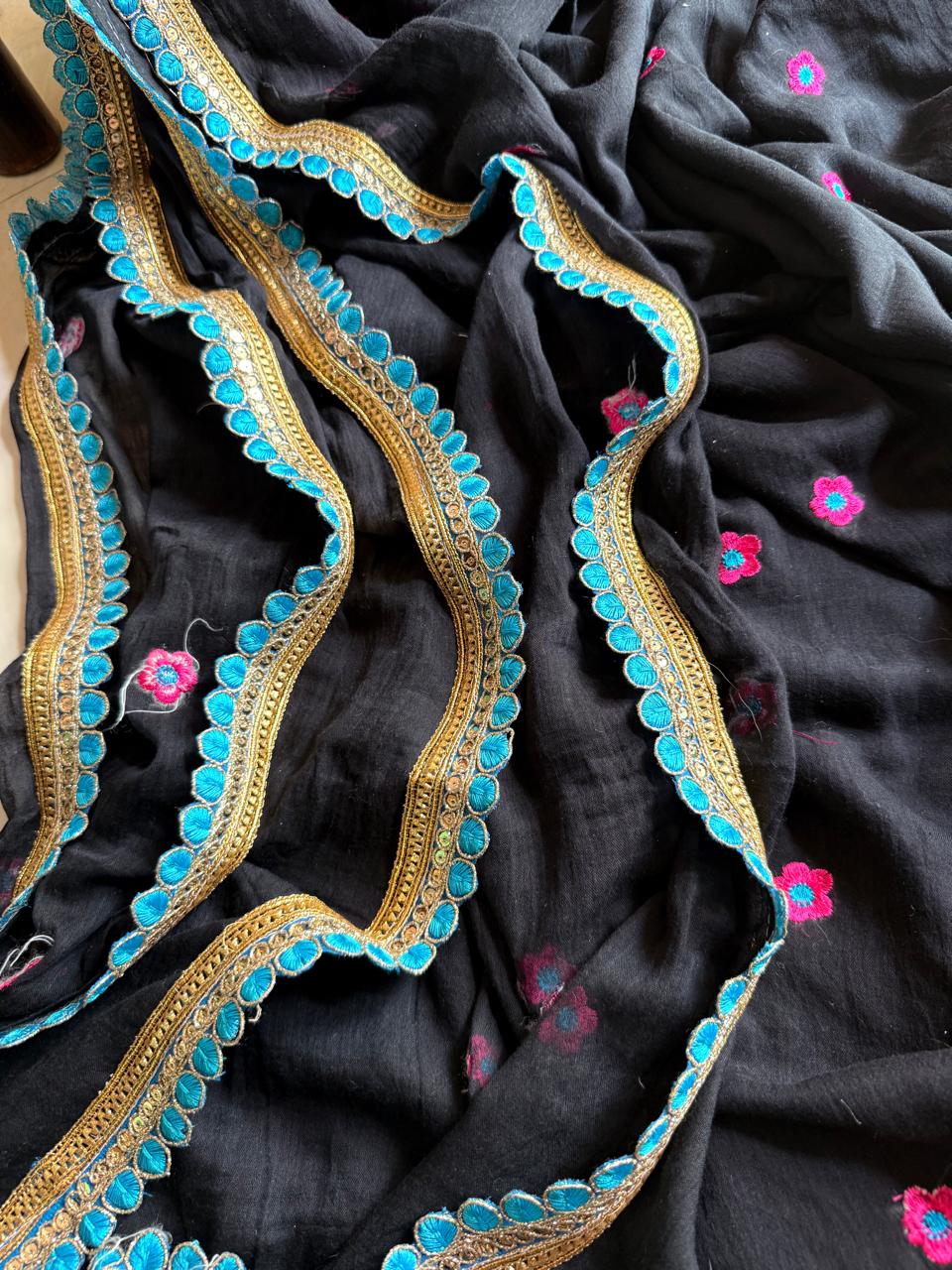Viharika(विहारिका) Embroidery Lace Sarees : Black & Blue