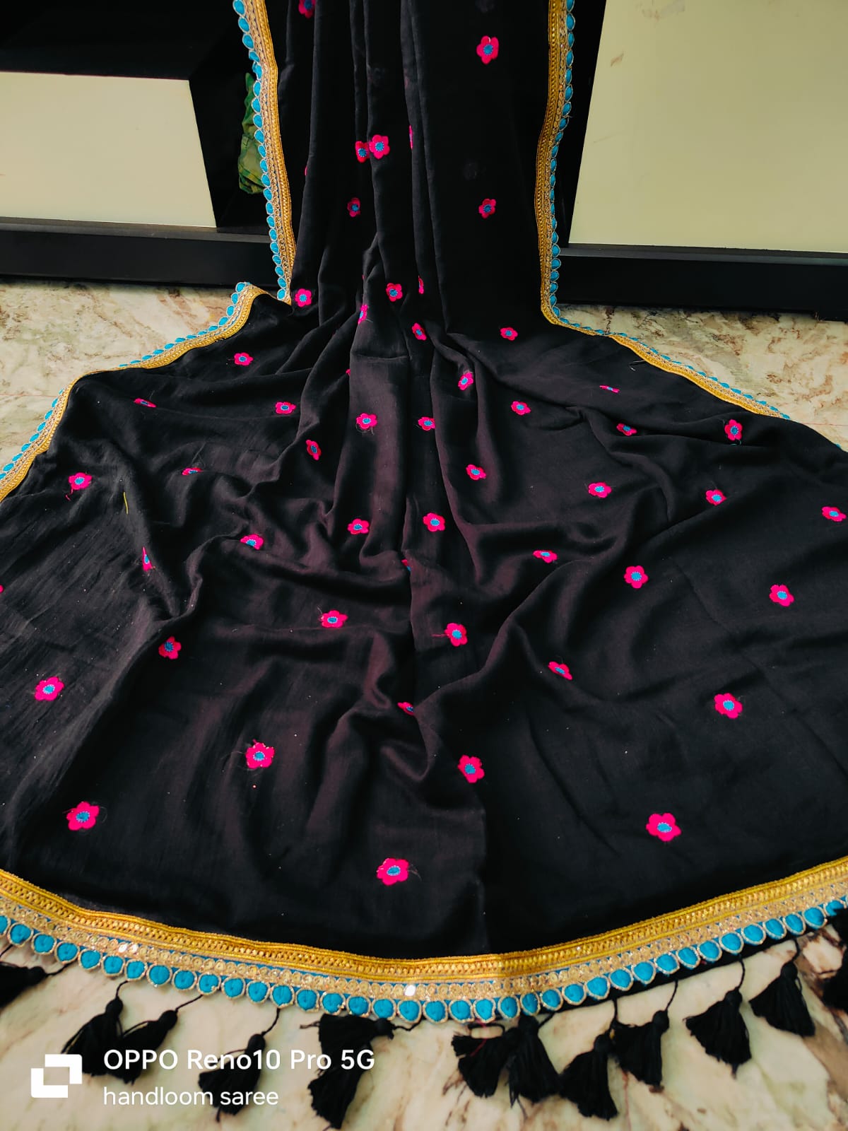 Viharika(विहारिका) Embroidery Lace Sarees : Black & Blue