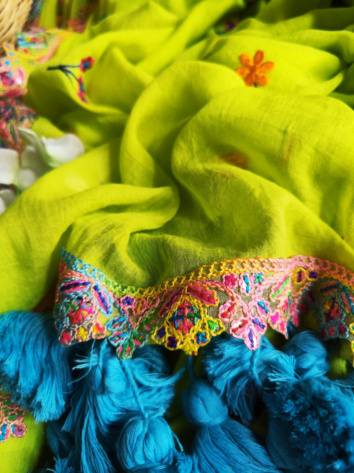 Viharika (विहारिका) Embroidery Lace Sarees : Green & Blue