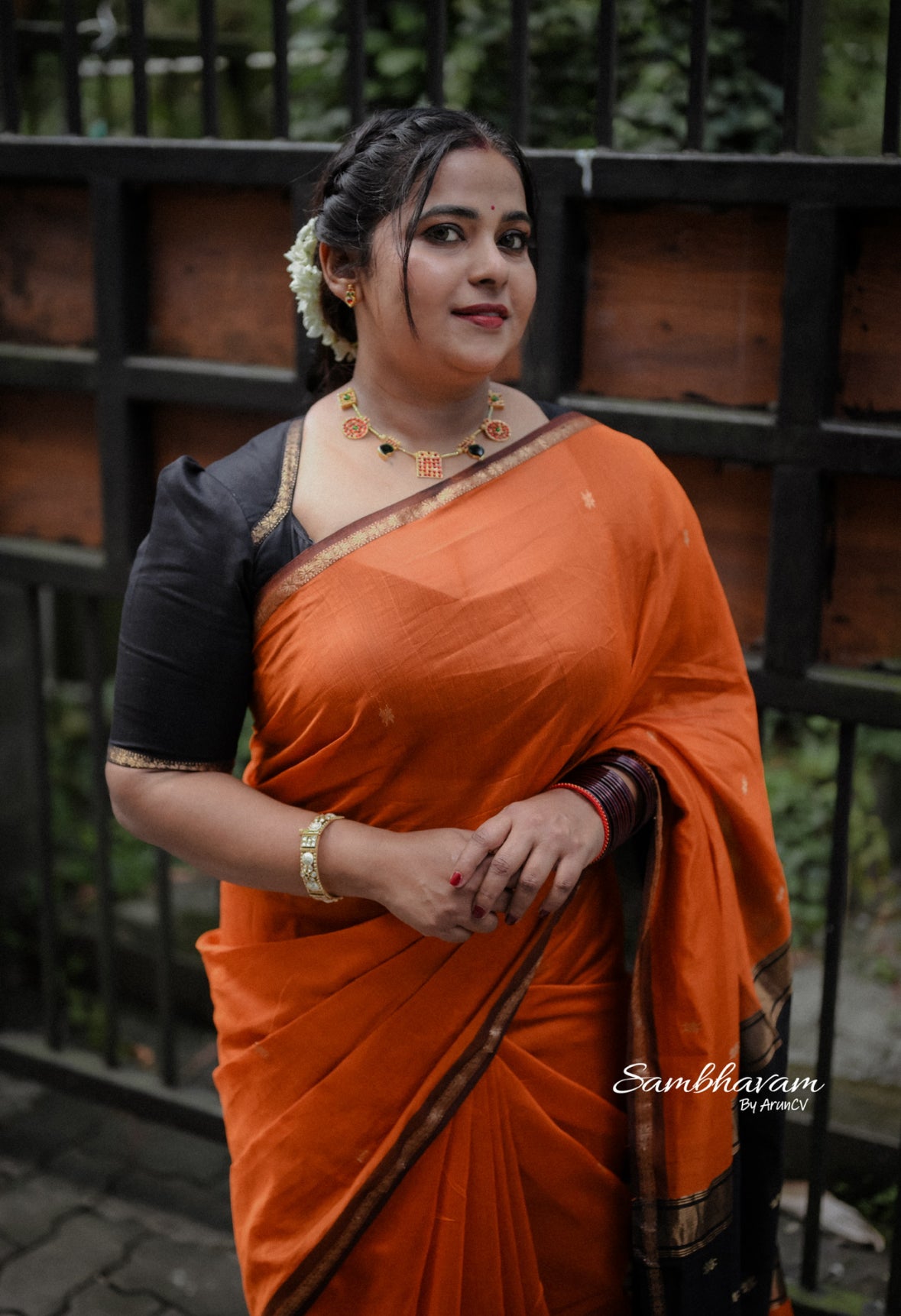Kalyanika Maheshwari silk saree rust orange black combo Shibla Fara’s choice