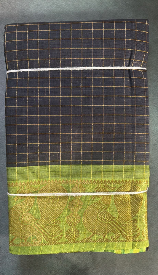 Sungudi zari check cotton sarees without blouse black n green