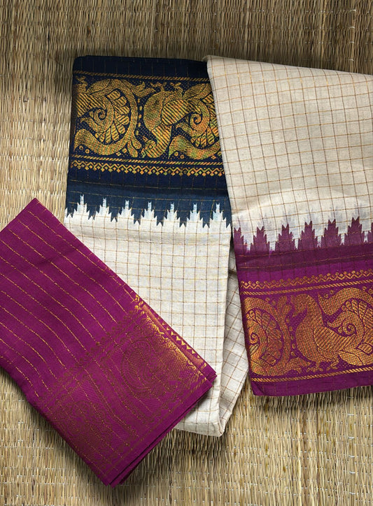 Tarangini Ganga Jamuna Sungudi cotton saree in beige shade blue and majenta temple border