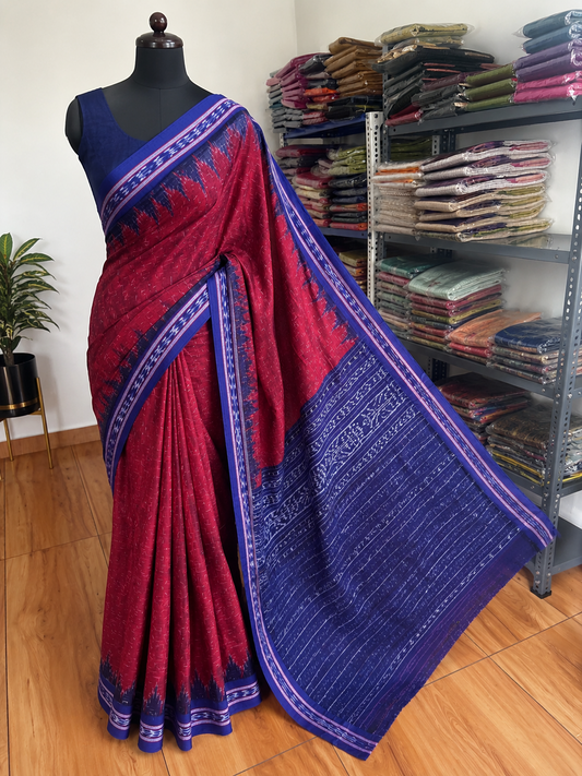 Odisha Sambalpuri handloom cotton Saree maroon and navy blue