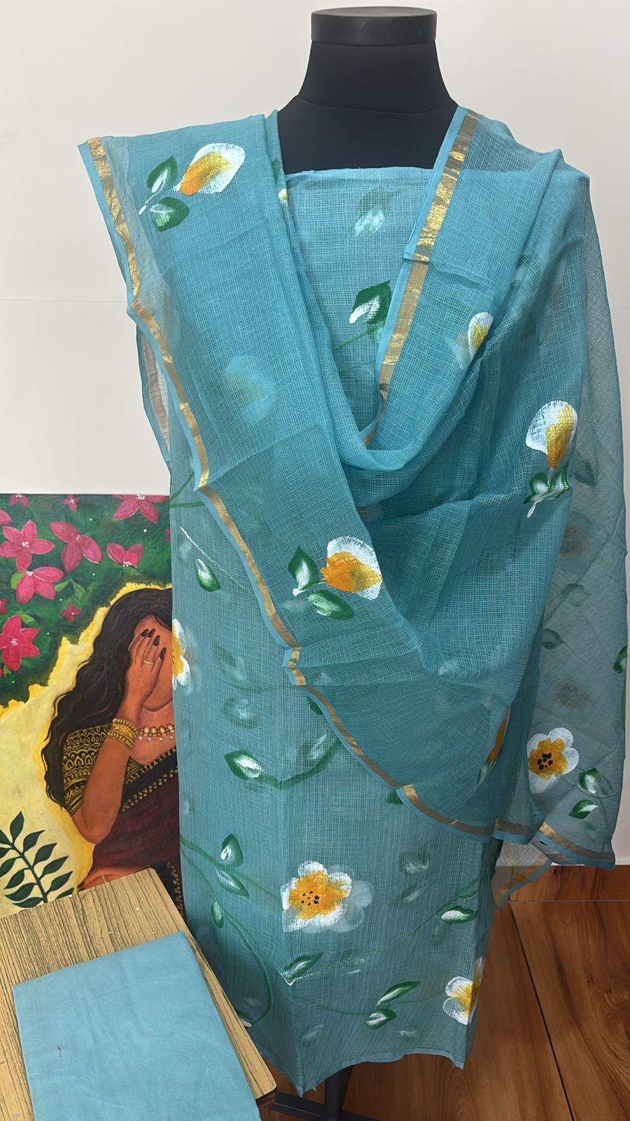 Hand painted floral Kota Doria Suit Set Unstitched