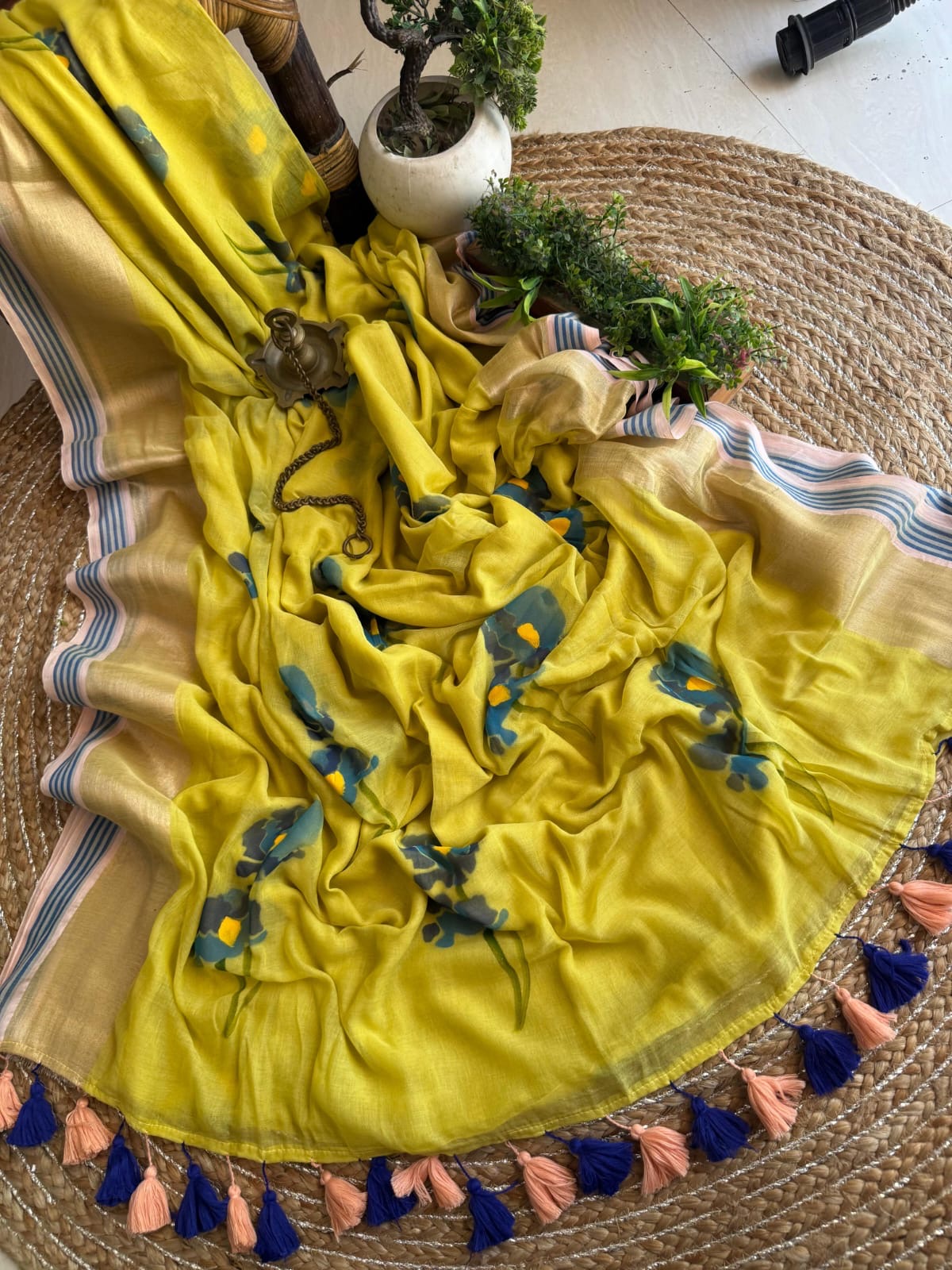 Hand painted handloom Mal cotton Sarees with tassels