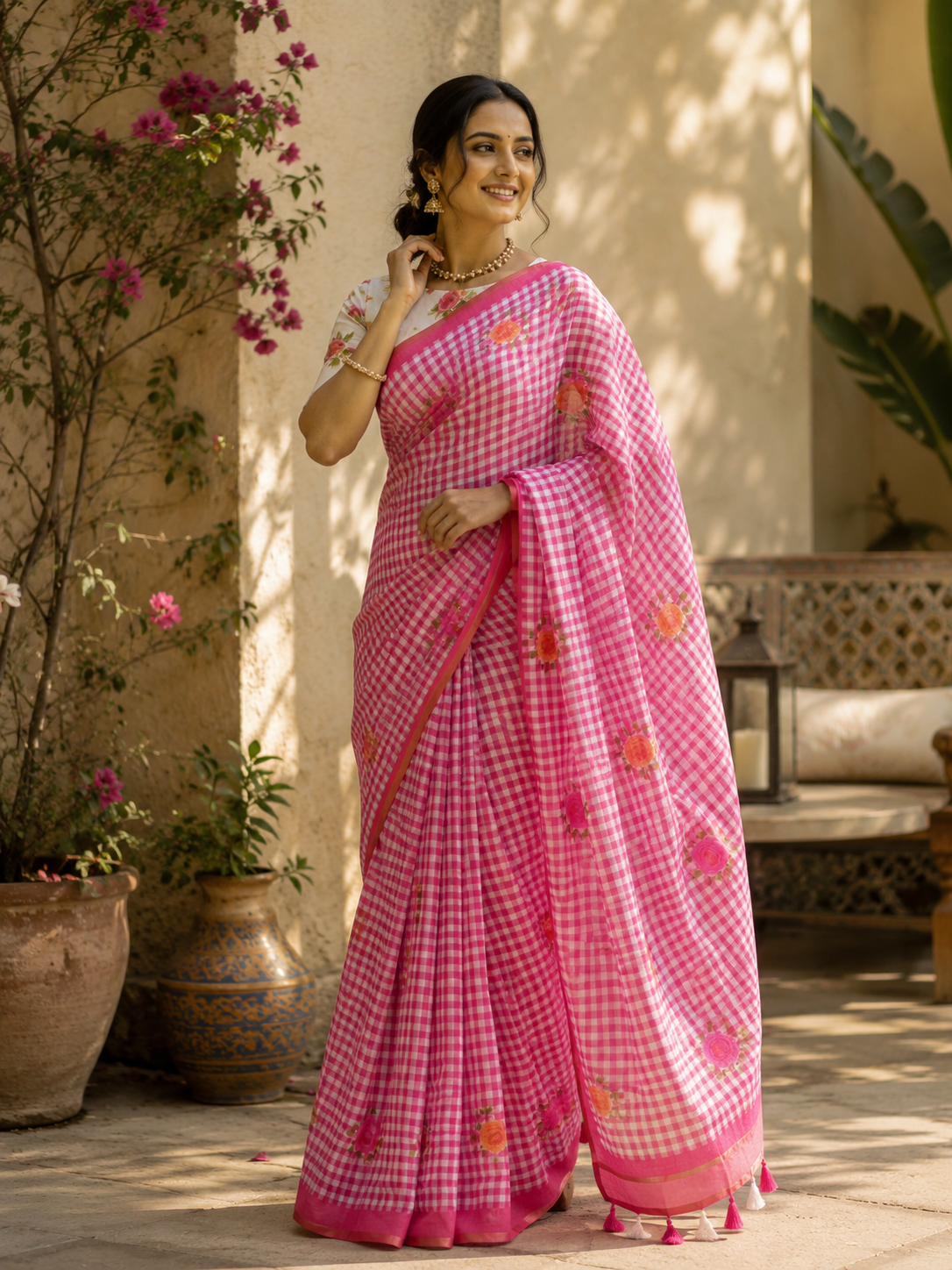 Rose floral Linen Slub cotton Saree