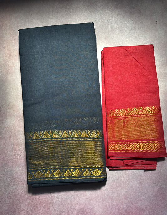 Black sungudi cotton Saree with red blouse piece