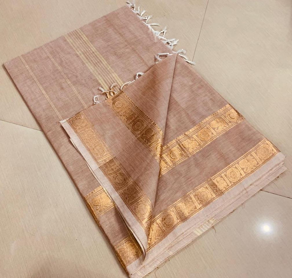 Chettinad Beige Brown Kanchi Cotton Saree