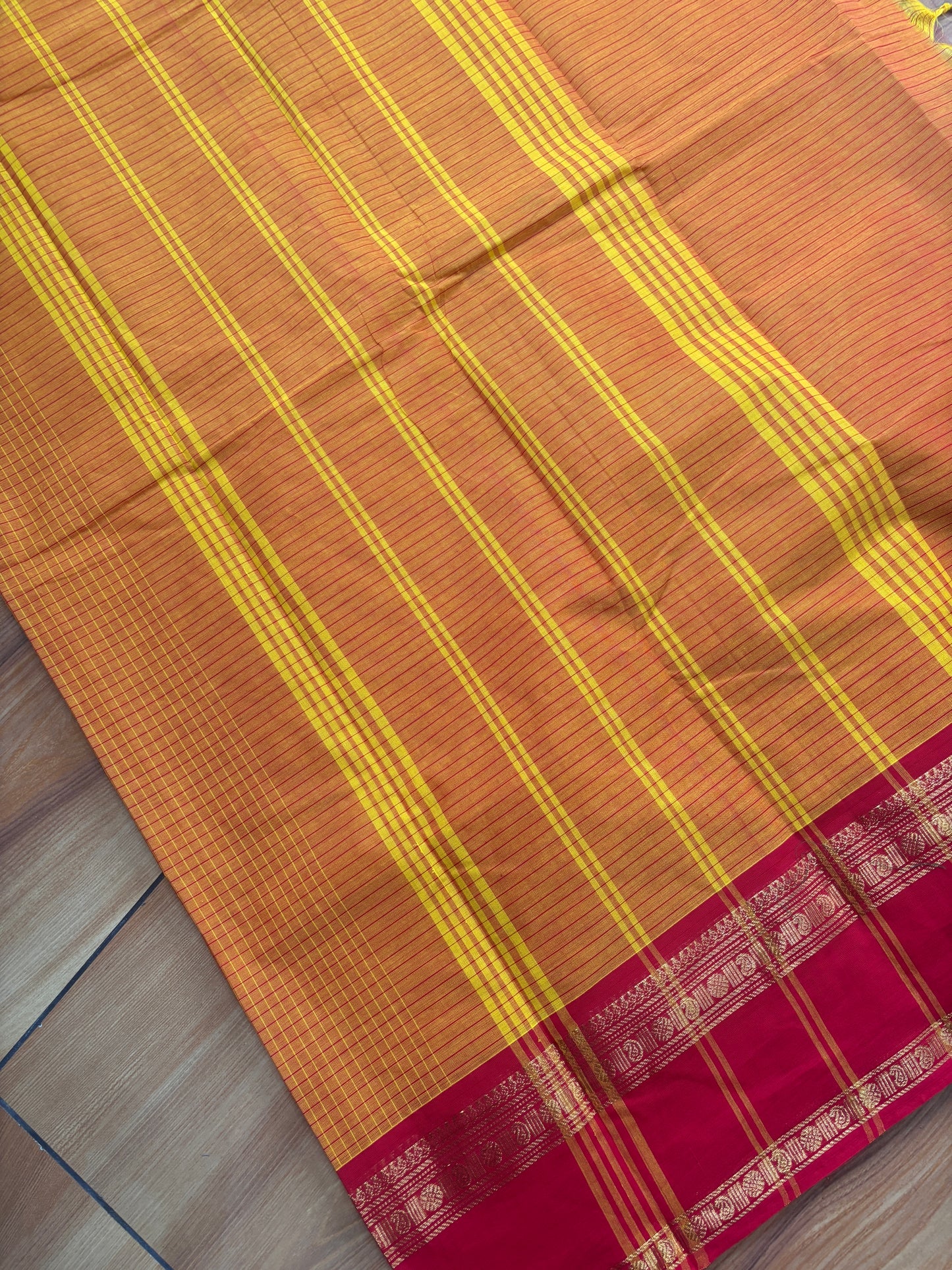 Festive mango yellow red combination micro checks Kanchi cotton Saree