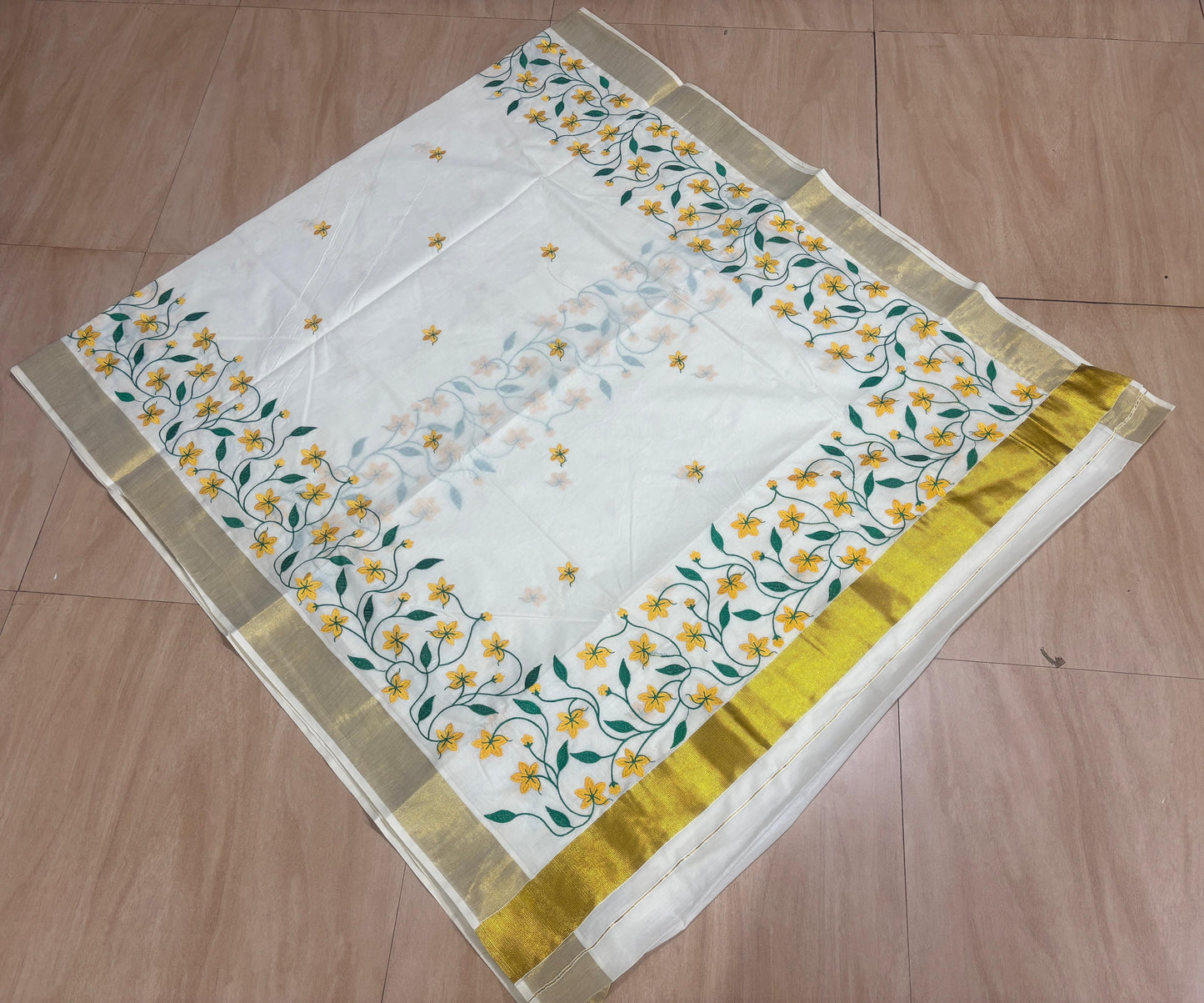 Kanikonna embroidered Kerala cotton Saree Vishu special