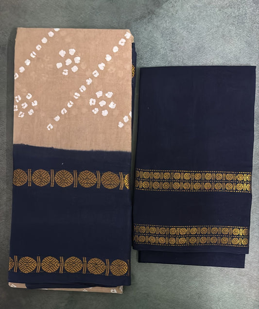 Tarangini wax batik rudraksha border saree (beige and navy blue)