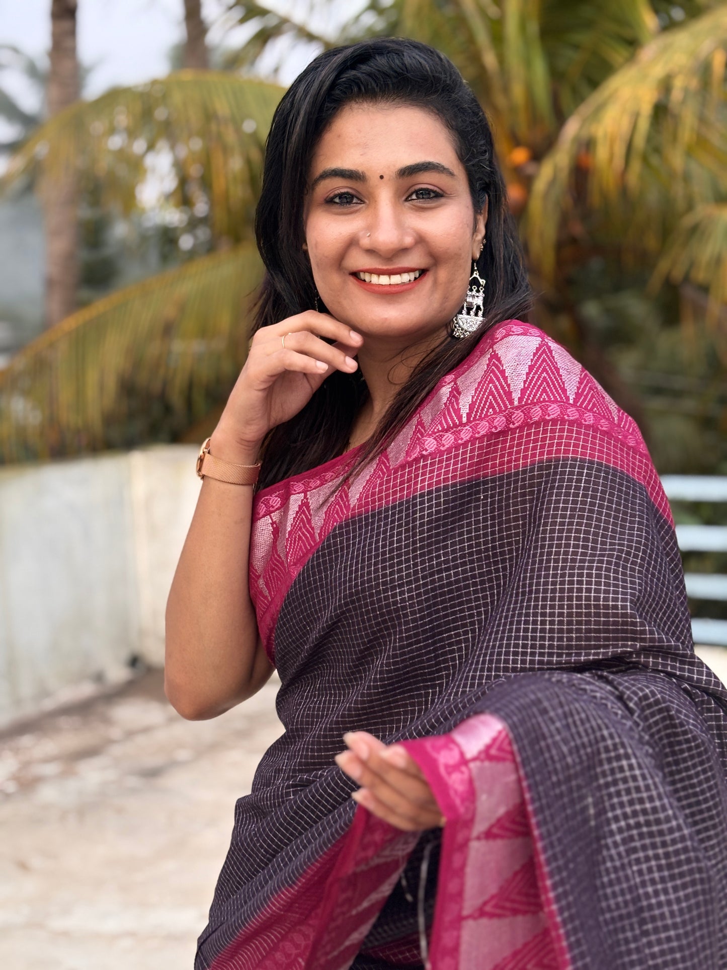 Gopuram border micro check sungudi cotton saree black and wine maroon