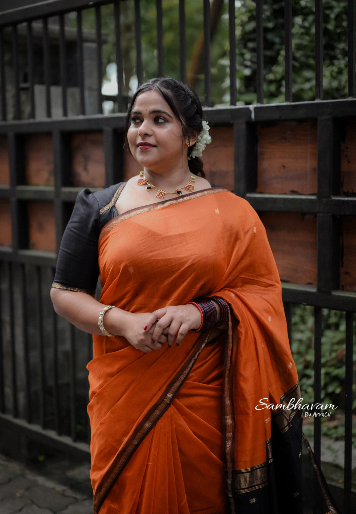 Kalyanika Maheshwari silk saree rust orange black combo Shibla Fara’s choice