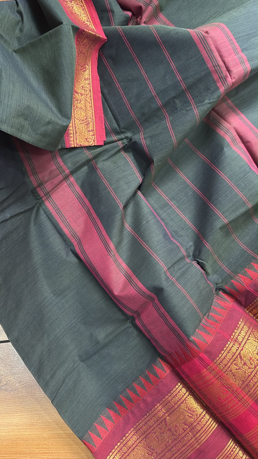 Dark green kanchi cotton dual border saree with blouse SGS46
