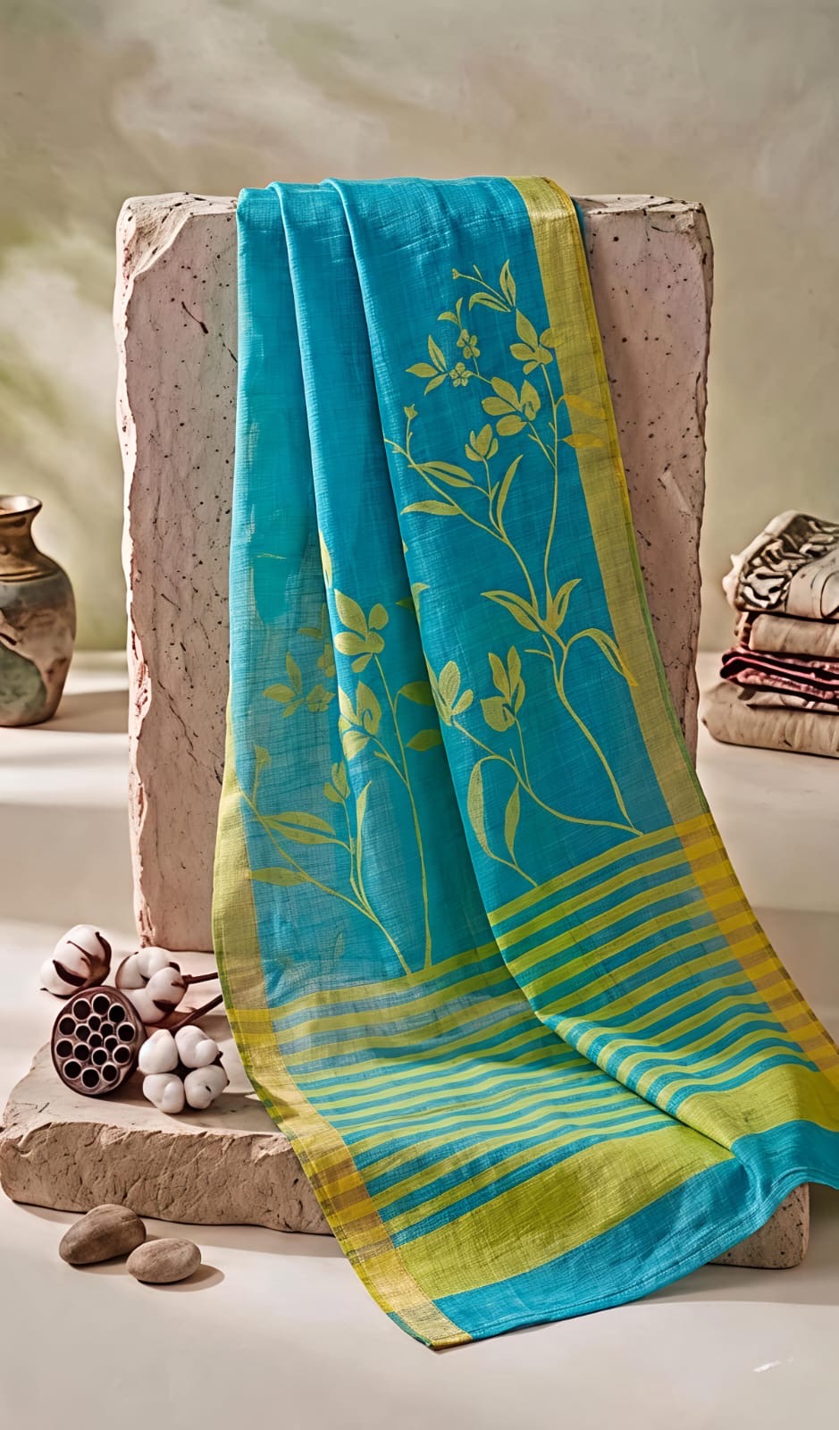 Floral Blue Linen Cotton Sarees