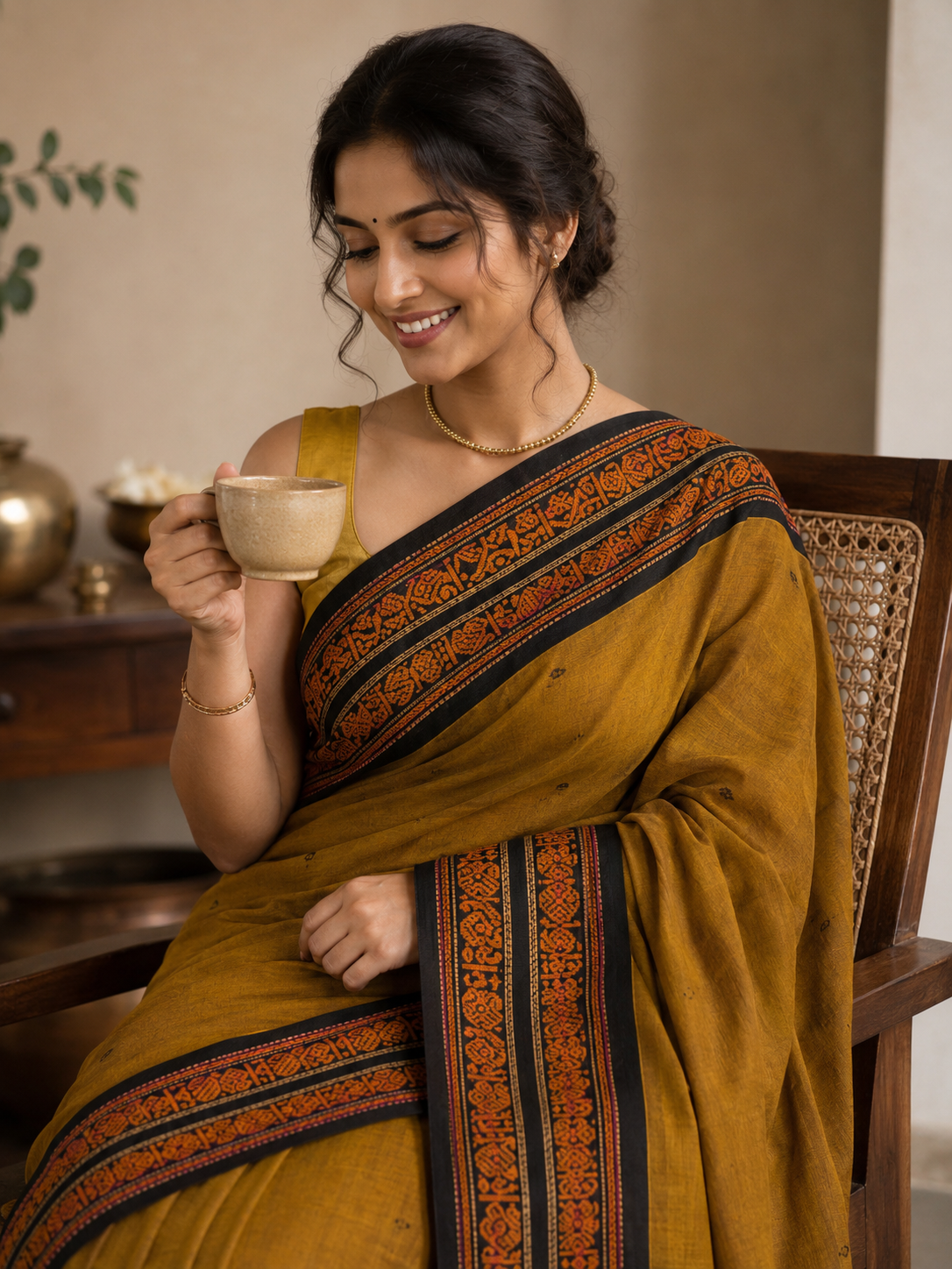 Mustard yellow thread border Kanchi cotton butta Saree with running blouse