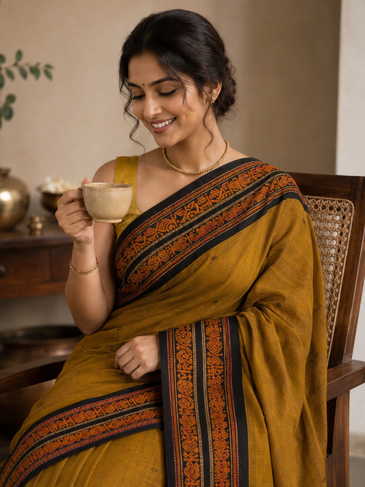Mustard yellow thread border Kanchi cotton butta Saree with running blouse