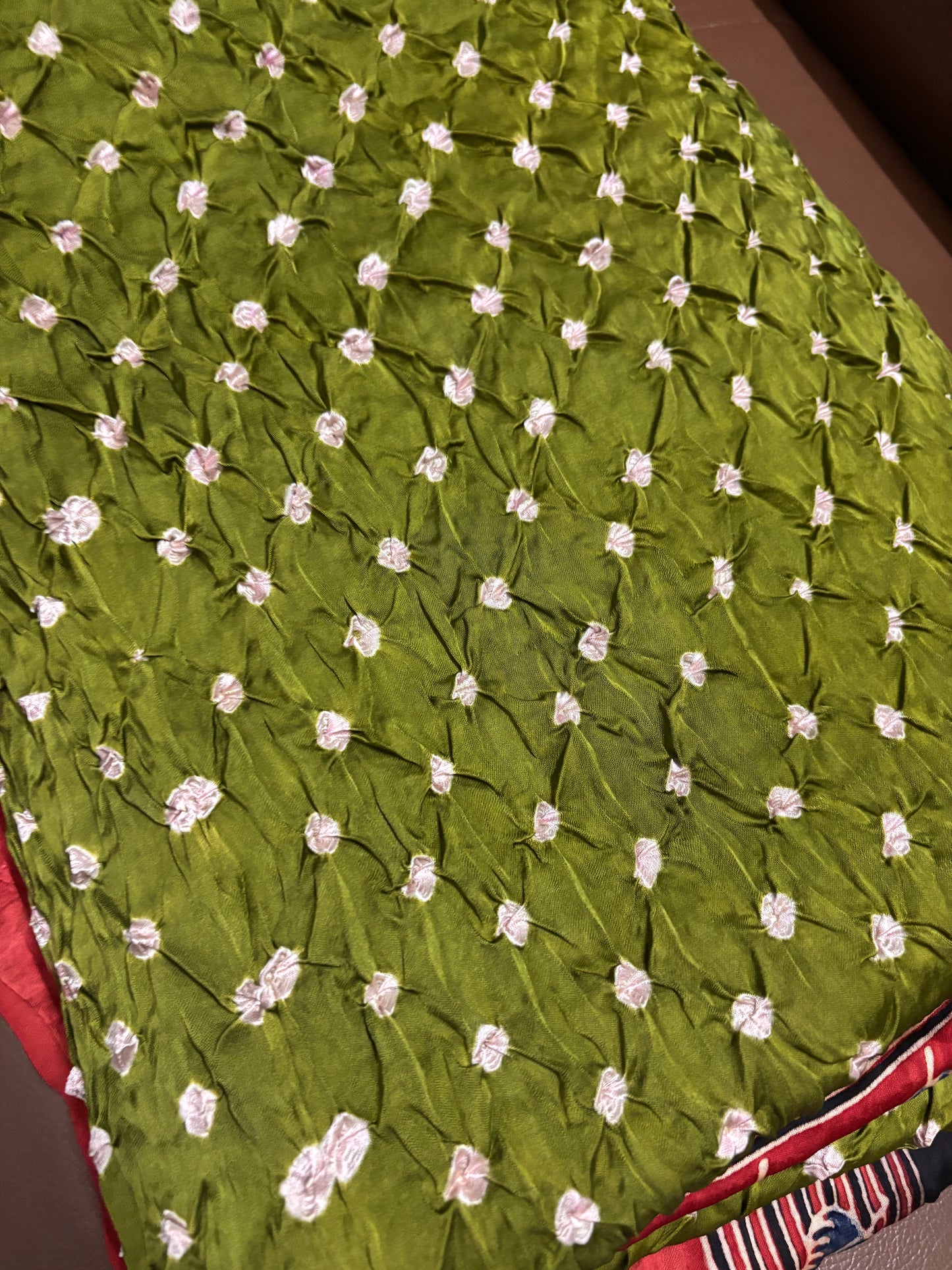 Modal silk Ajrakh block printed Hand Bhandej Sarees Green