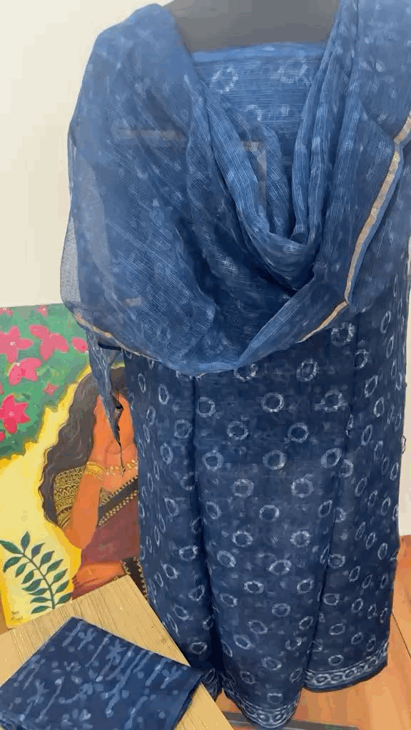 Indigo Hand block printed Kota Doria Suit Sets Unstitched