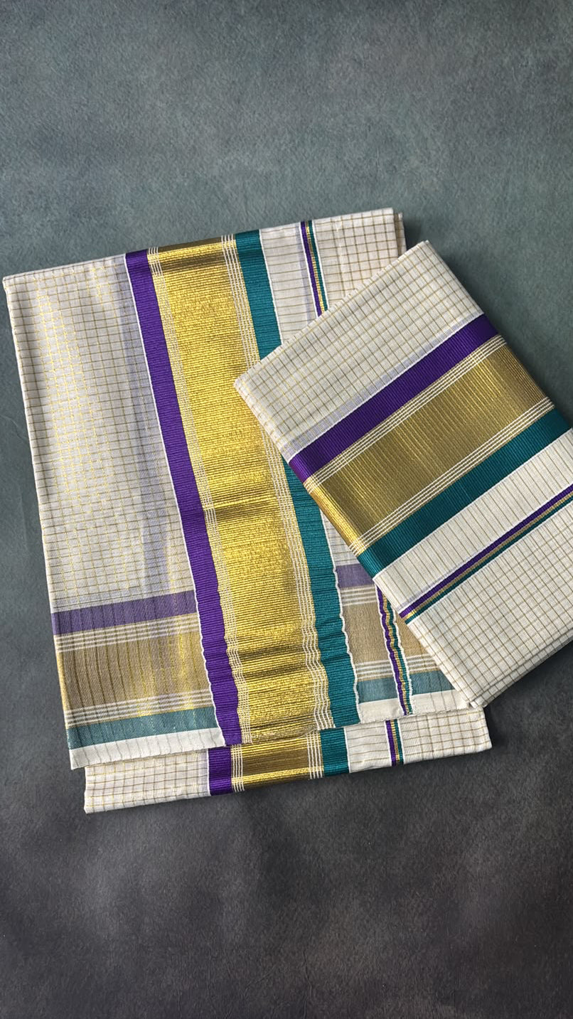 Light weight checkered Kasavu Set Mundu violet and peacock green