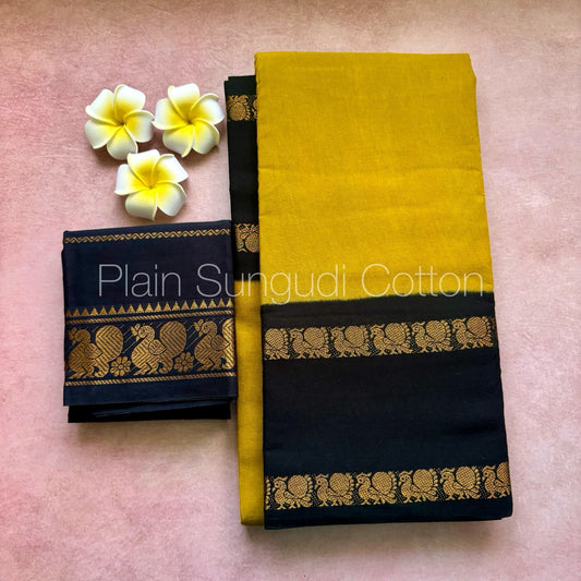 Tarangini Sungudi cotton retta petta saree with contrast Pallu and borders mustard and black