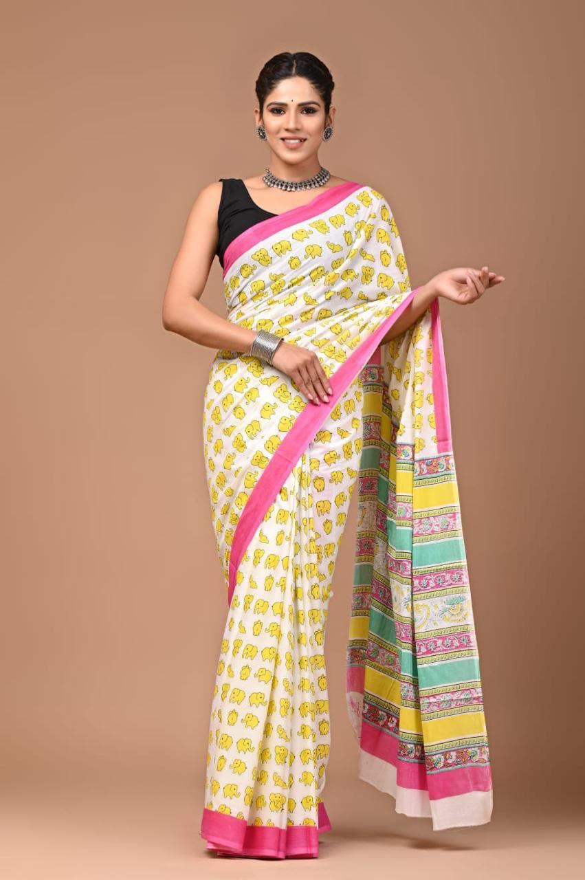 Quirky animal print Jaipur mul cotton Saree