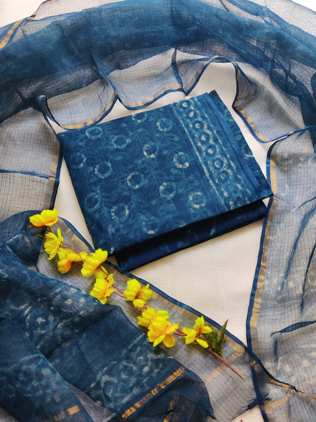 Indigo Hand block printed Kota Doria Suit Sets Unstitched