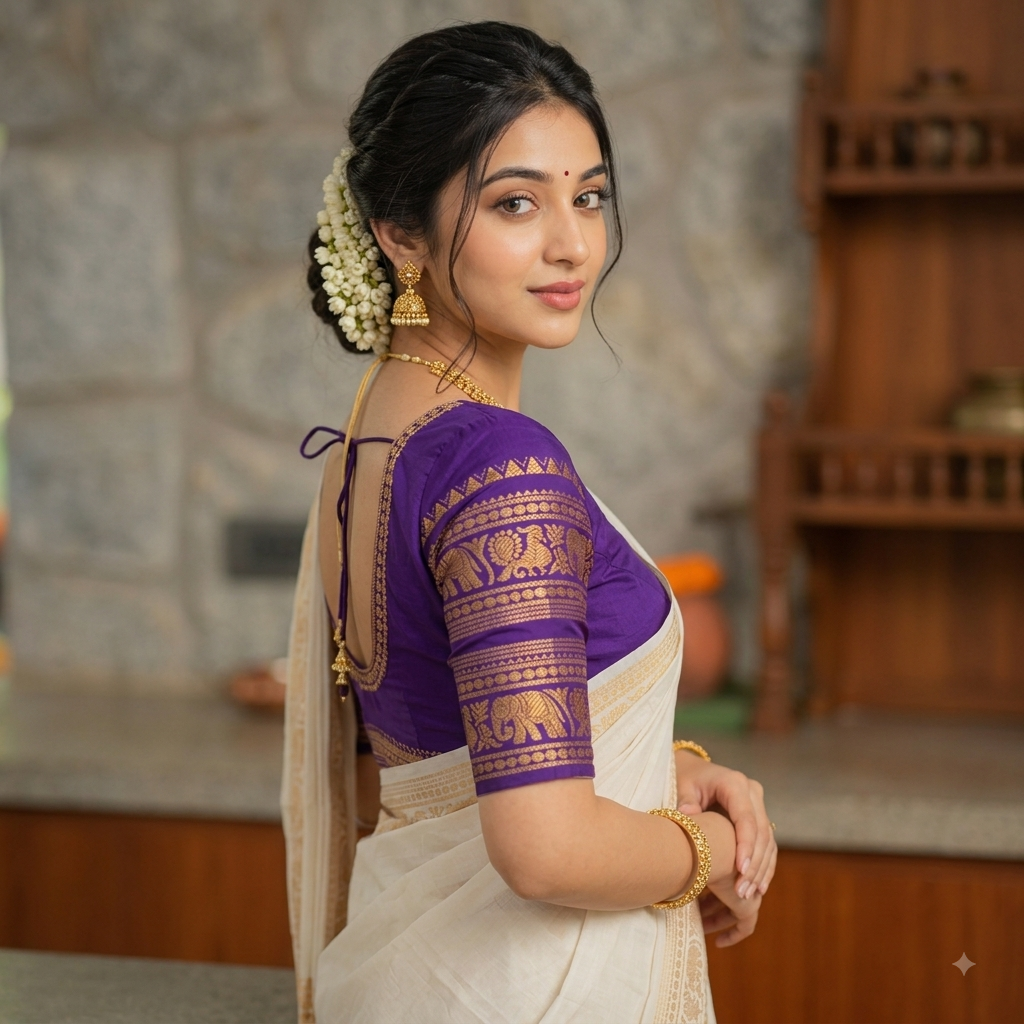 Sungudi handloom peacock double border off white saree with violet blouse