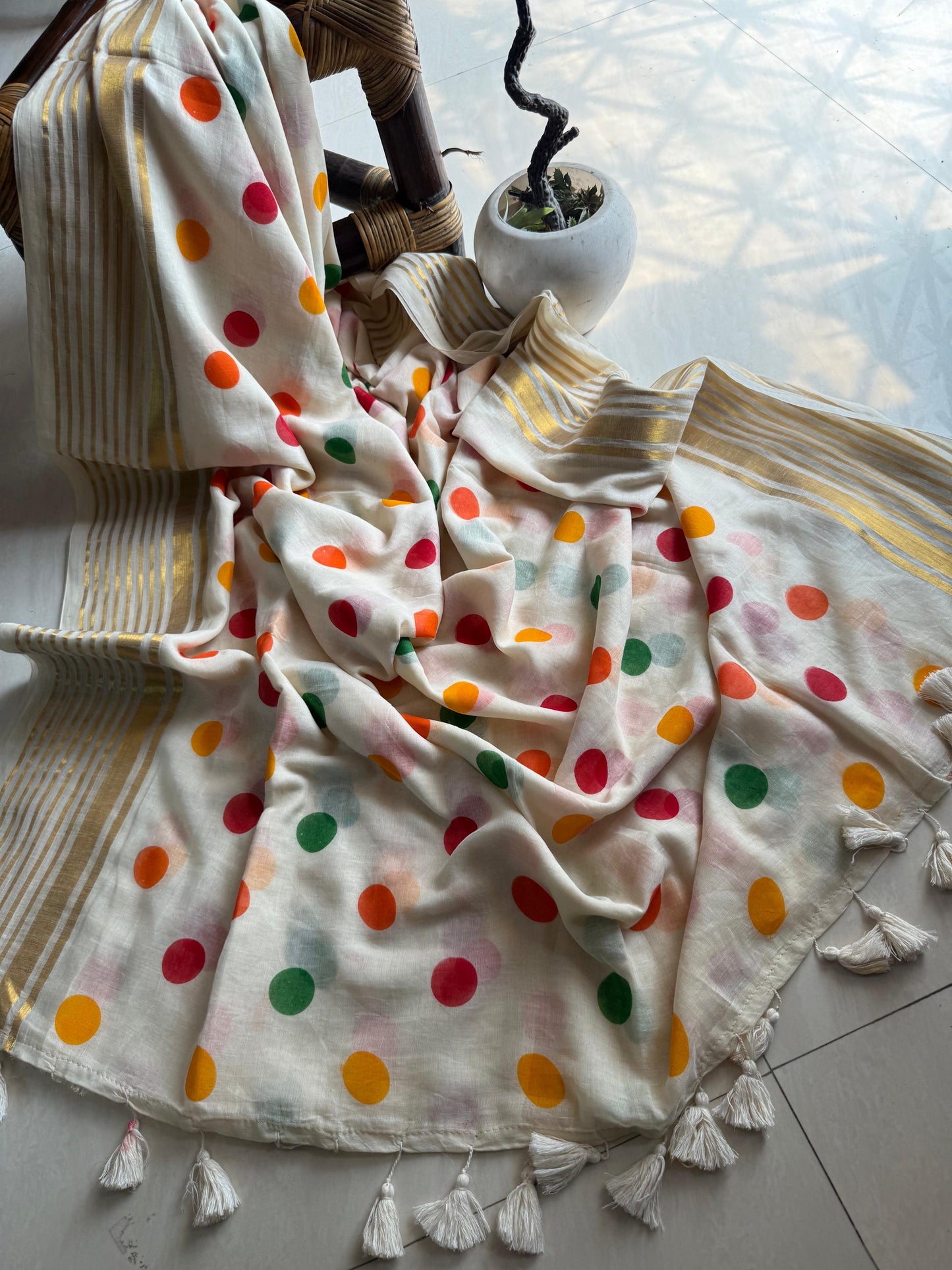 Festive multi colour polka dot handwoven Mul cotton Sarees