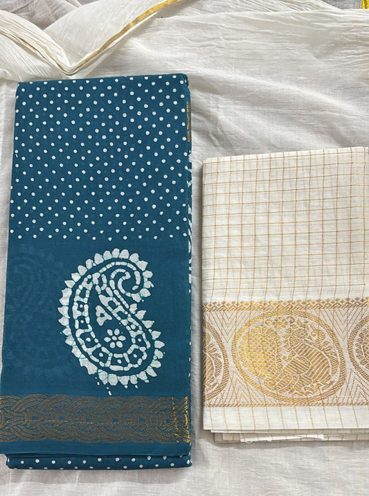 Wax batik sungudi Cotton Saree Blue