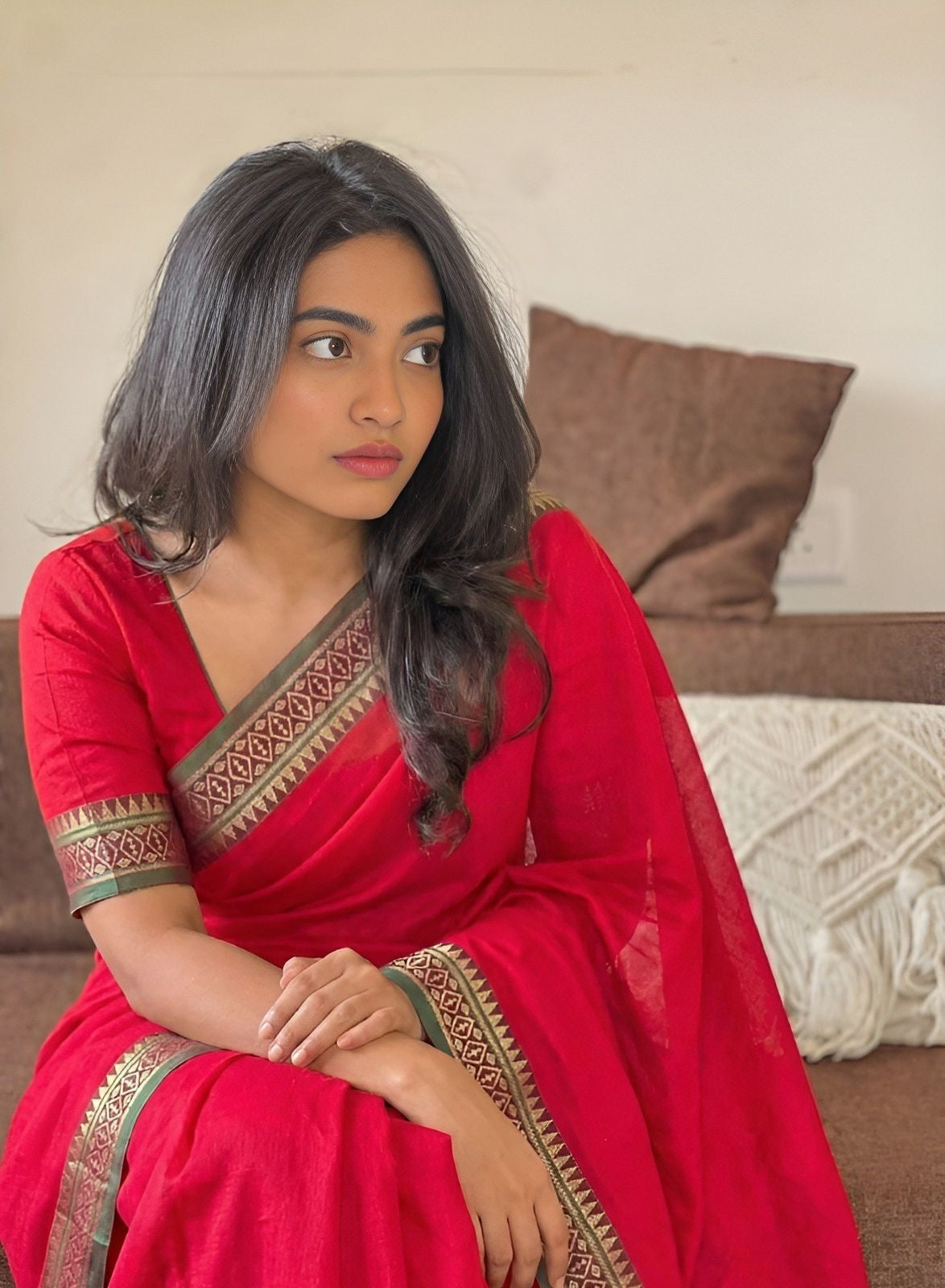 Festive Red Narayanpeth mercerised cotton Saree