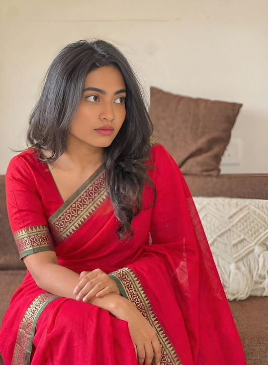 Festive Red Narayanpeth mercerised cotton Saree