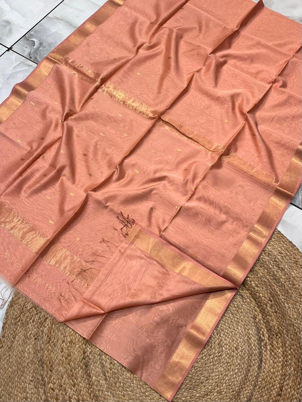 Festive peach Maheshwari handloom silk cotton Saree