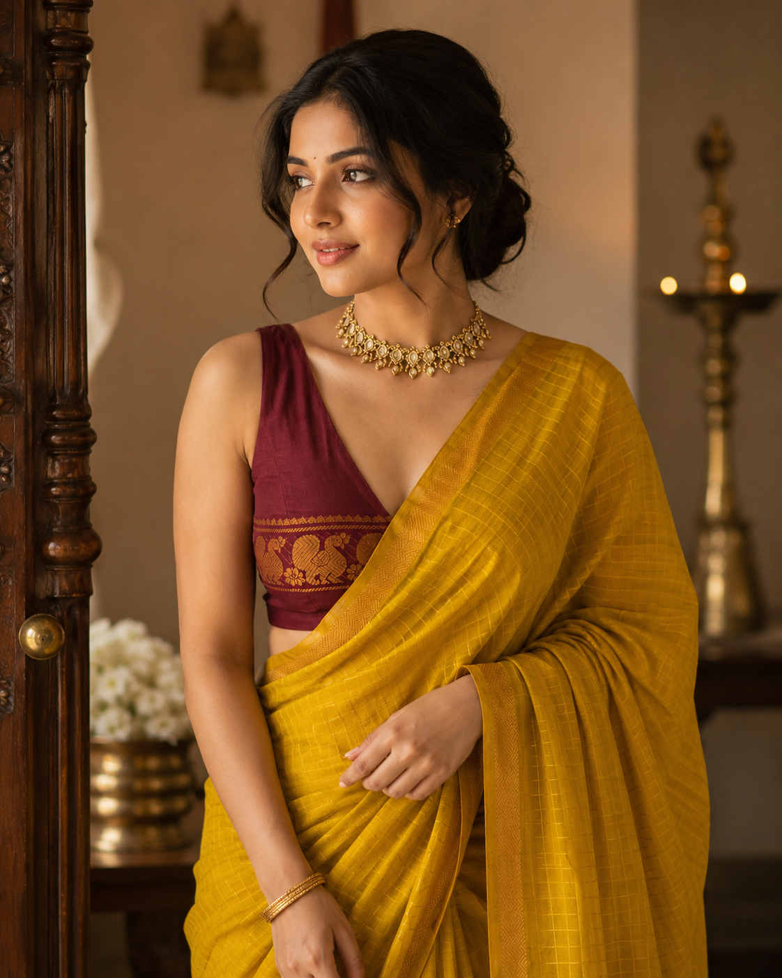 Handloom Sungudi cotton mustard yellow maroon Pentex border Saree