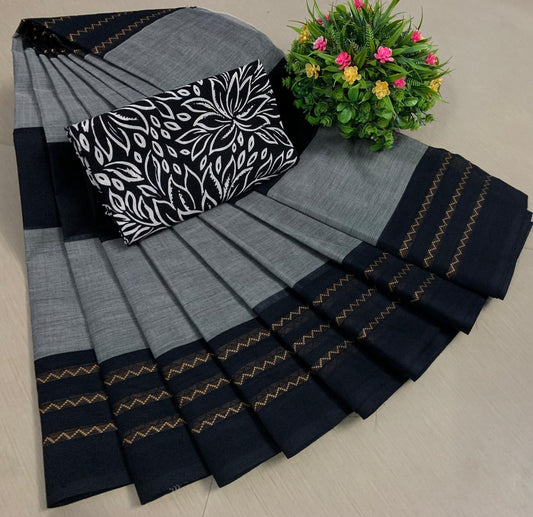 Sangita Chettinad grey black Cotton saree with extra blouse piece