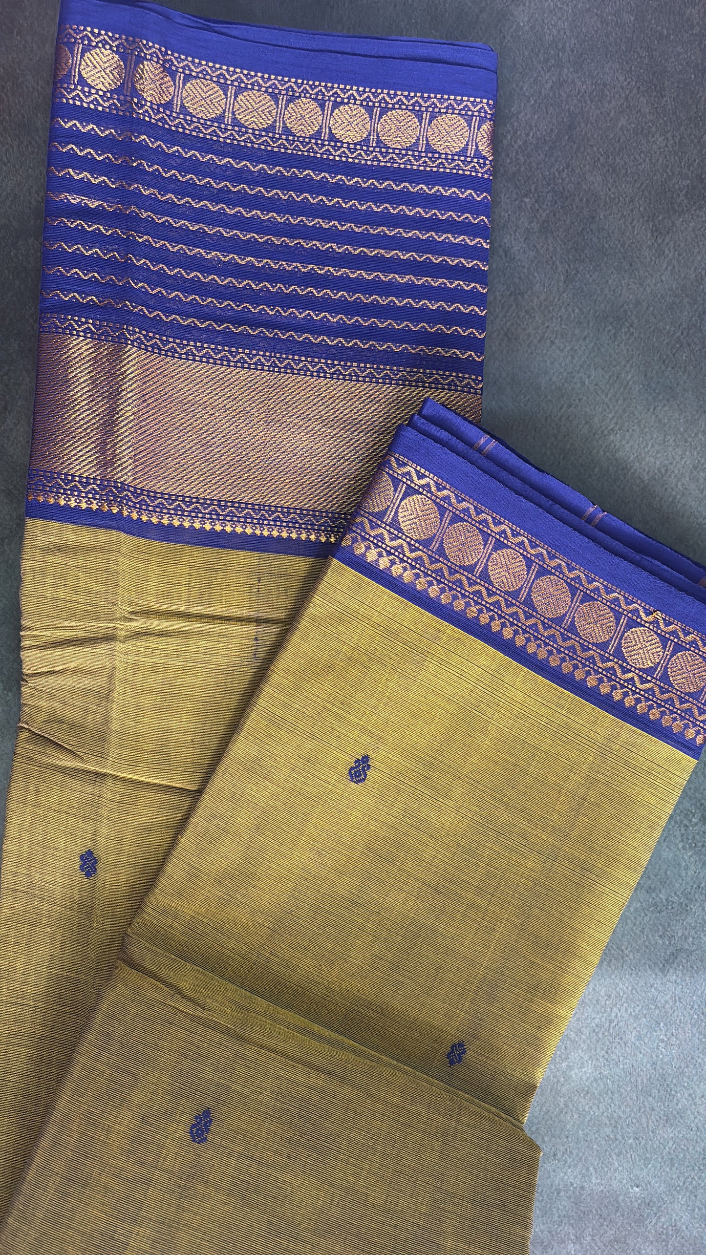 Metallic tone with deep violet contrast border Kanchi cotton Saree with buttas