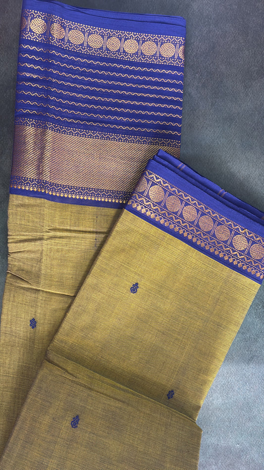 Metallic tone with deep violet contrast border Kanchi cotton Saree with buttas