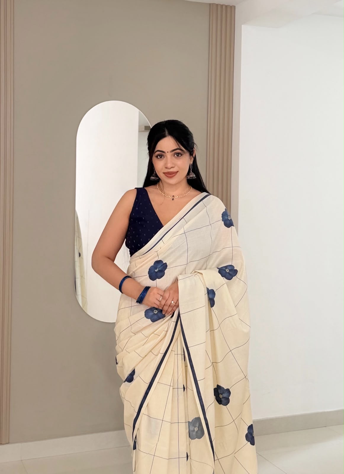Indigo floral check Saree
