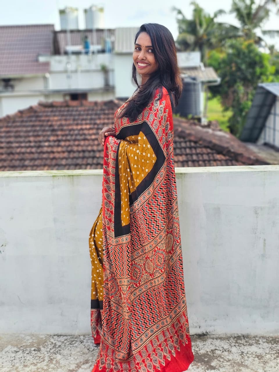 Modal Silk Ajrakh Block printed hand Bhandej Sarees